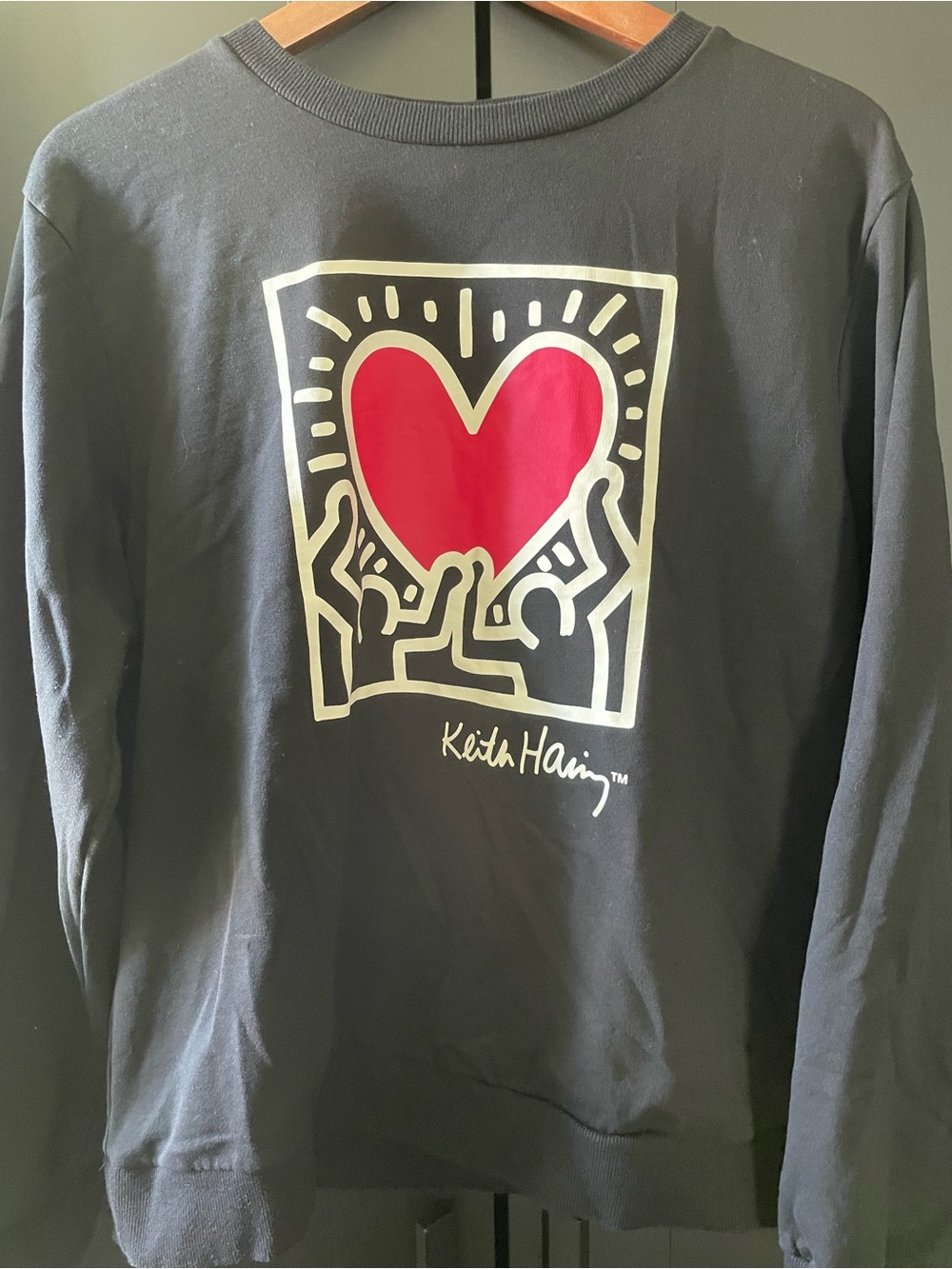 New Keith Haring Black Sweatshirt w/ Classic & Compelling Red Heart Graphic